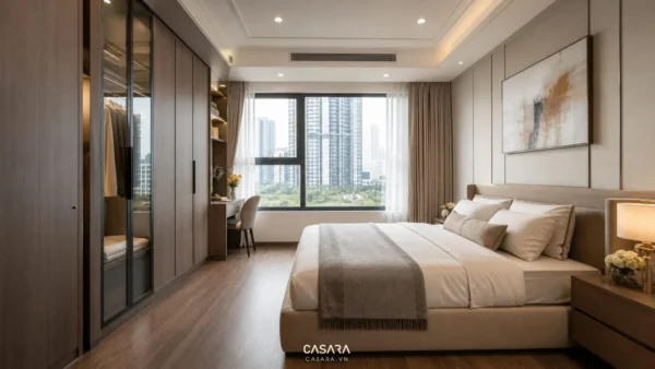 Phòng ngủ chung cư hiện đại có giường lớn, tủ âm tường và cửa sổ nhìn ra đô thị