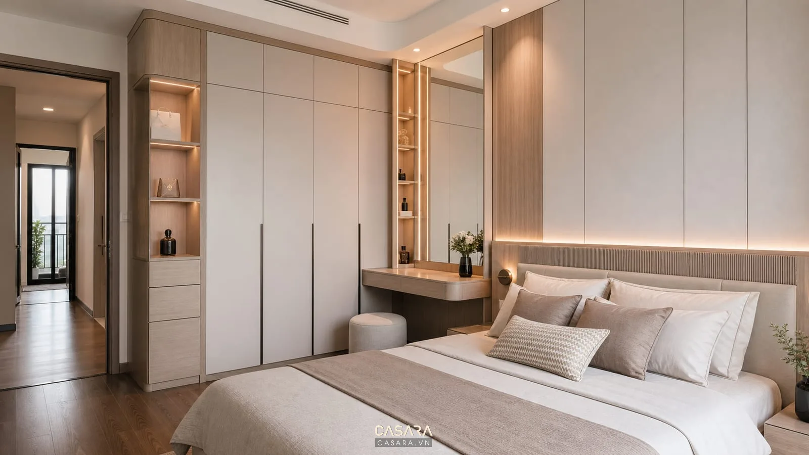 hệ tủ áo phòng ngủ chung cư Vinhomes nối bàn trang điểm