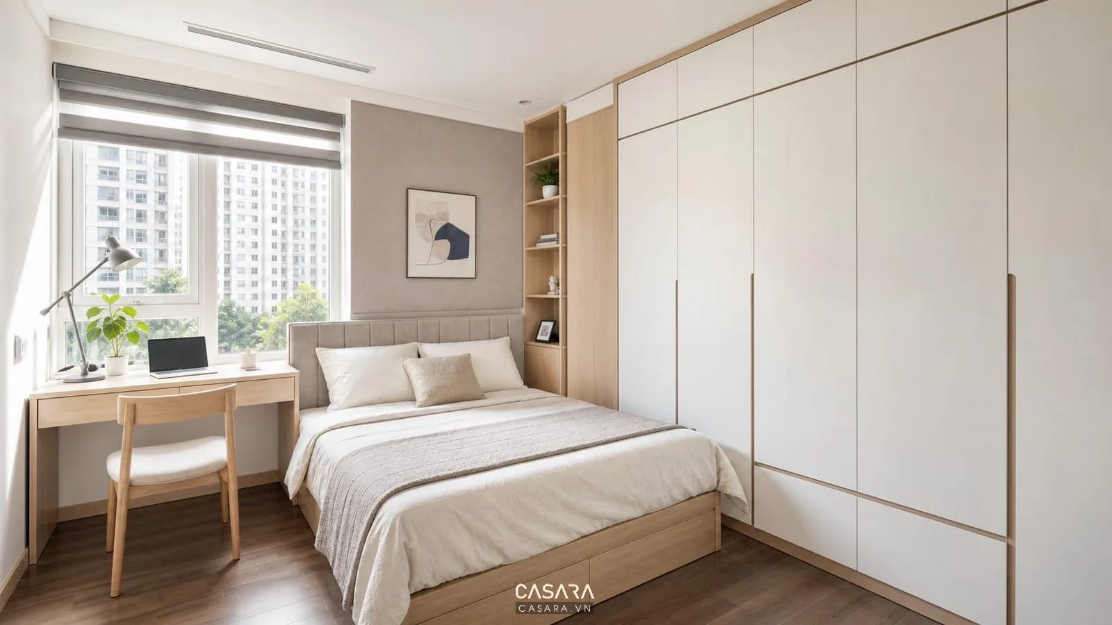 thiết kế chung cư mini với giường gọn tủ sáng và bàn làm việc