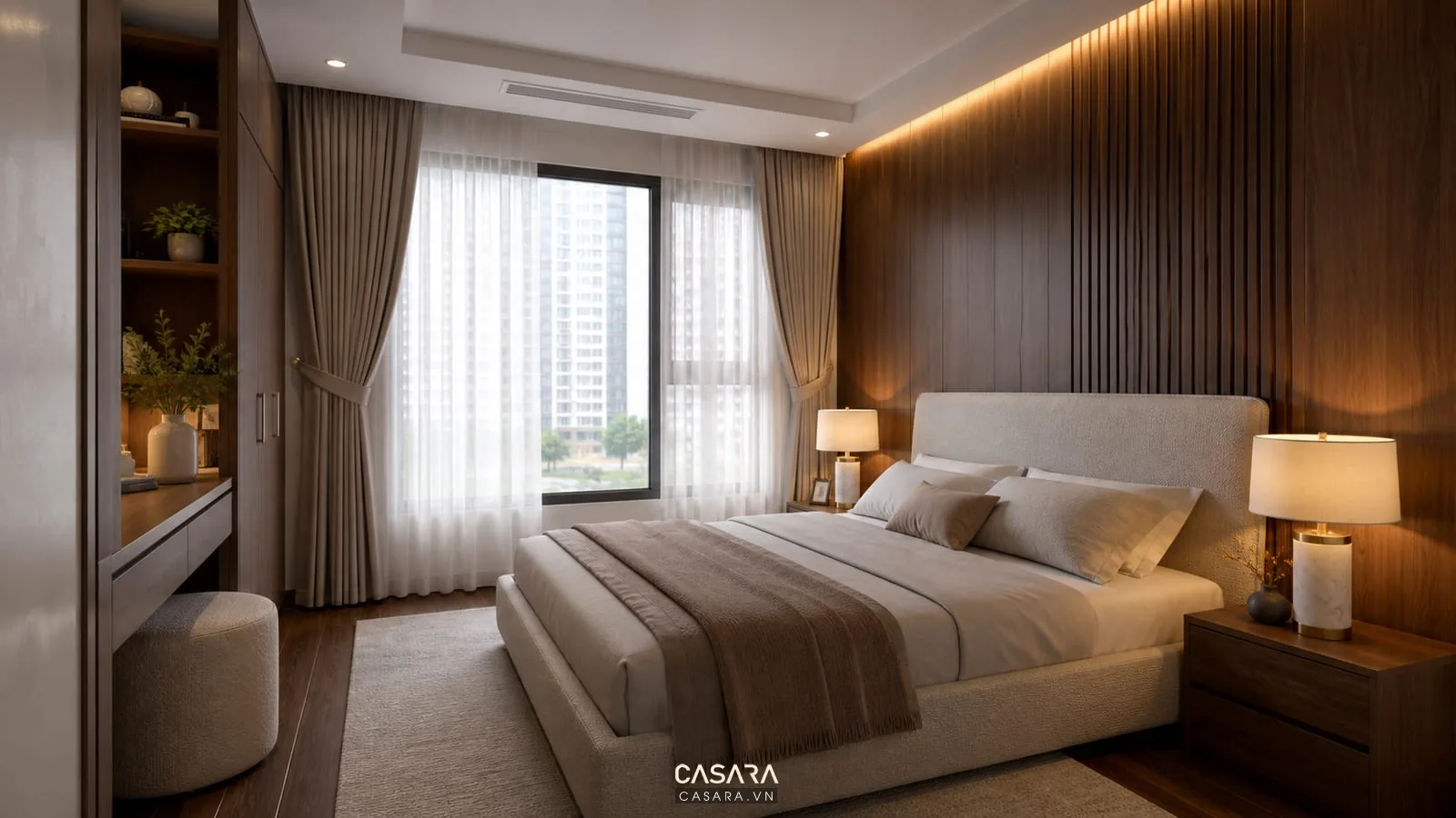 phòng ngủ chung cư Vinhomes có rèm hai lớp và ánh sáng ấm