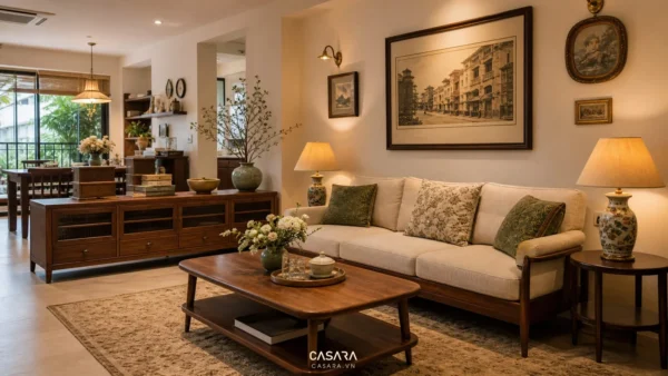 Phòng khách căn hộ vintage với sofa sáng màu, bàn gỗ và đèn bàn ấm
