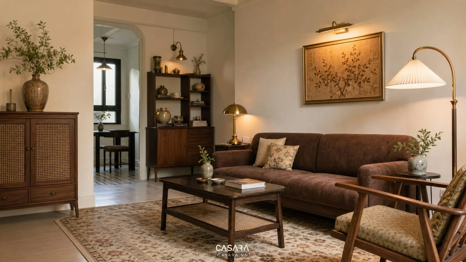Bảng màu thiết kế chung cư vintage với tường kem sofa nâu và tủ gỗ
