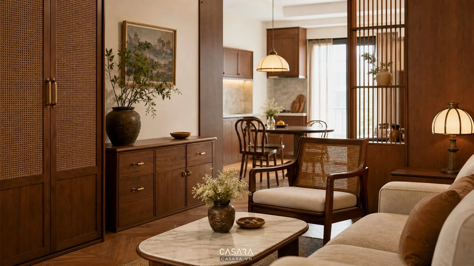 Chi tiết vật liệu trong thiết kế chung cư vintage gồm gỗ vải mây và tay nắm đồng