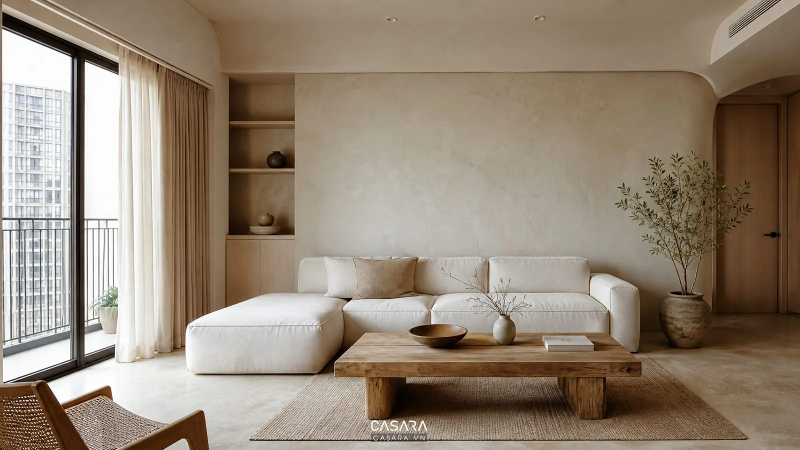 thiết kế chung cư wabi sabi phòng khách sáng màu với gỗ mộc