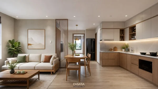 Phòng khách bếp mở có sofa sáng màu, bàn ăn gỗ và tủ bếp chữ L