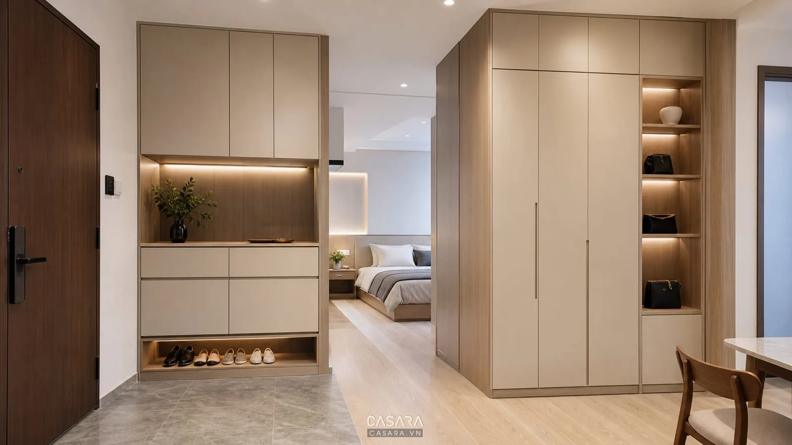 Thiết kế chung cư X2 Đại Kim với tủ lưu trữ âm tường và tủ giày gọn