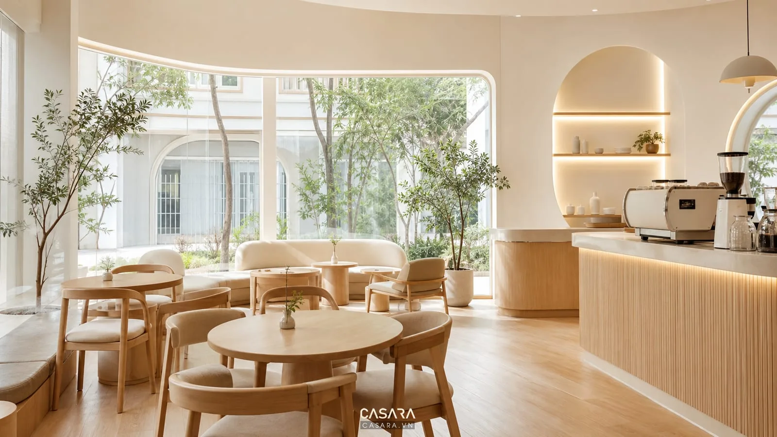 Thiết kế nội thất coffee phong cách Hàn Quốc tông trắng kem và gỗ sáng