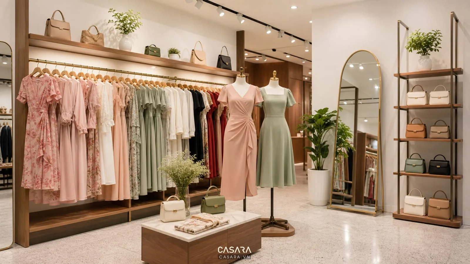 Khu trưng bày quần áo nữ với áo blazer váy và phụ kiện trong shop thời trang