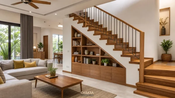 Thiết kế dưới cầu thang phòng khách nhà phố với kệ cầu thang gỗ và sofa hiện đại