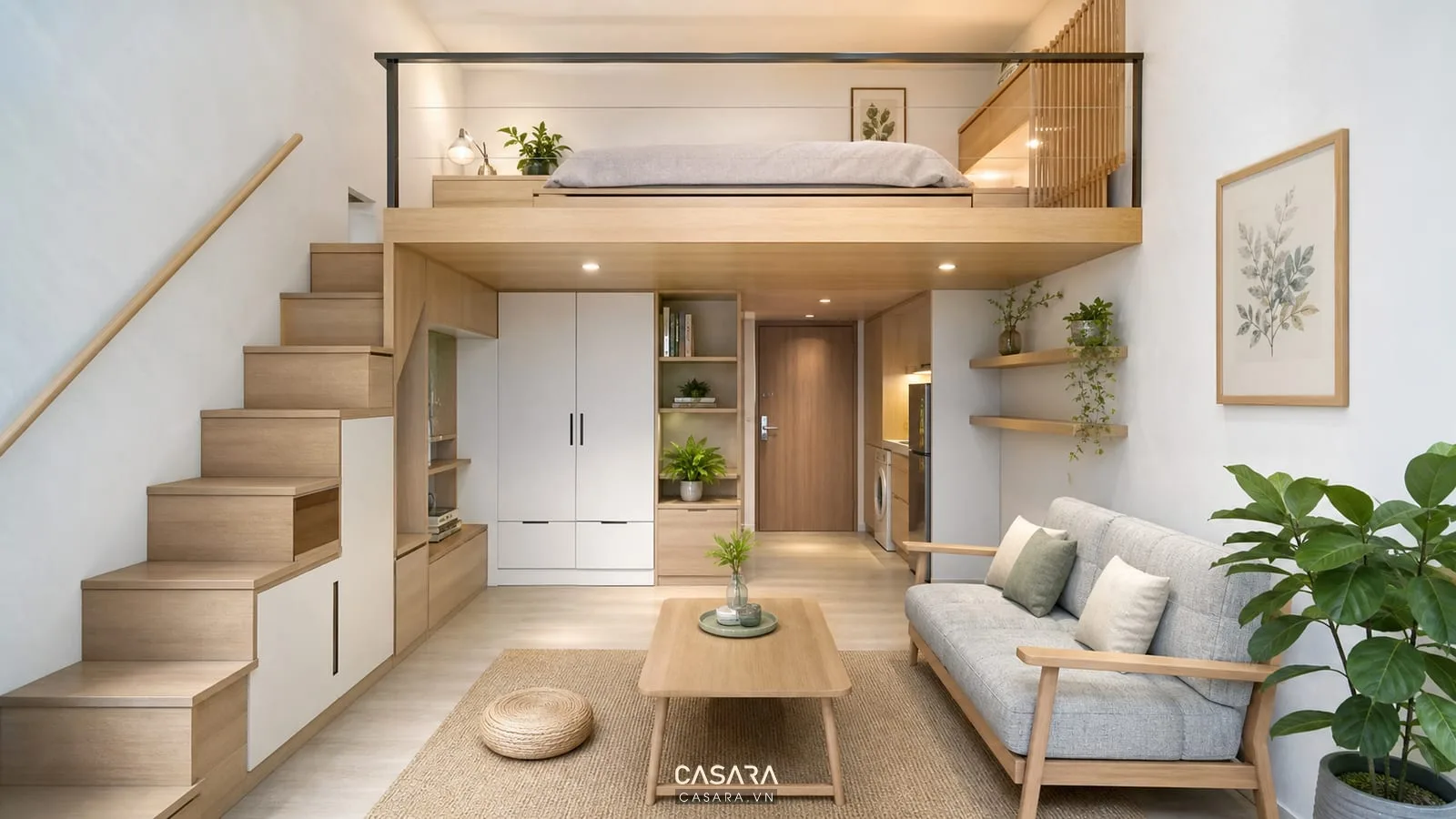 Thiết kế gác lửng cho căn hộ chung cư nhỏ với chỗ ngủ và tủ lưu trữ dưới gác