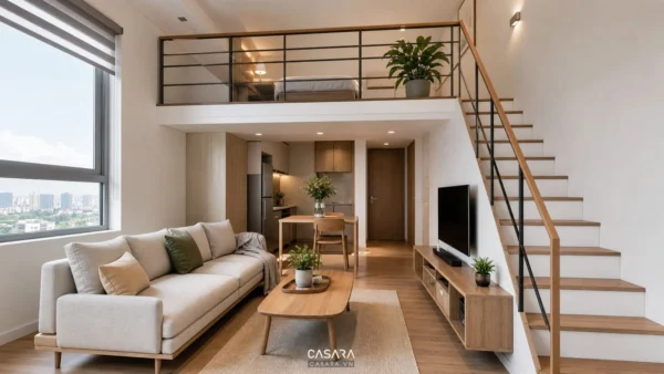 Phòng khách căn hộ chung cư có gác lửng, sofa dưới tầng và cầu thang sát tường