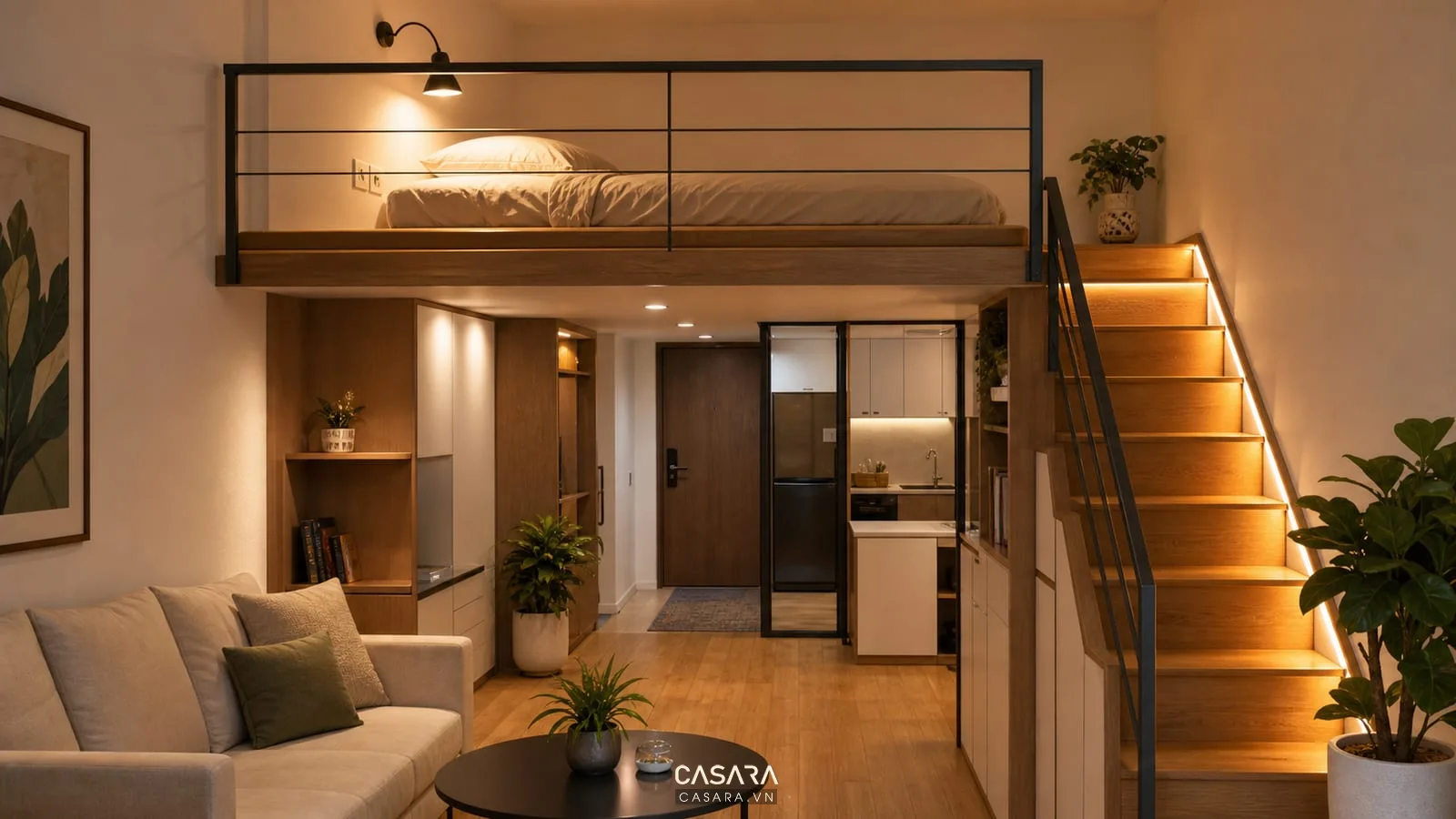 Thiết kế gác lửng cho căn hộ chung cư có đèn đọc sách ổ cắm và đèn cầu thang