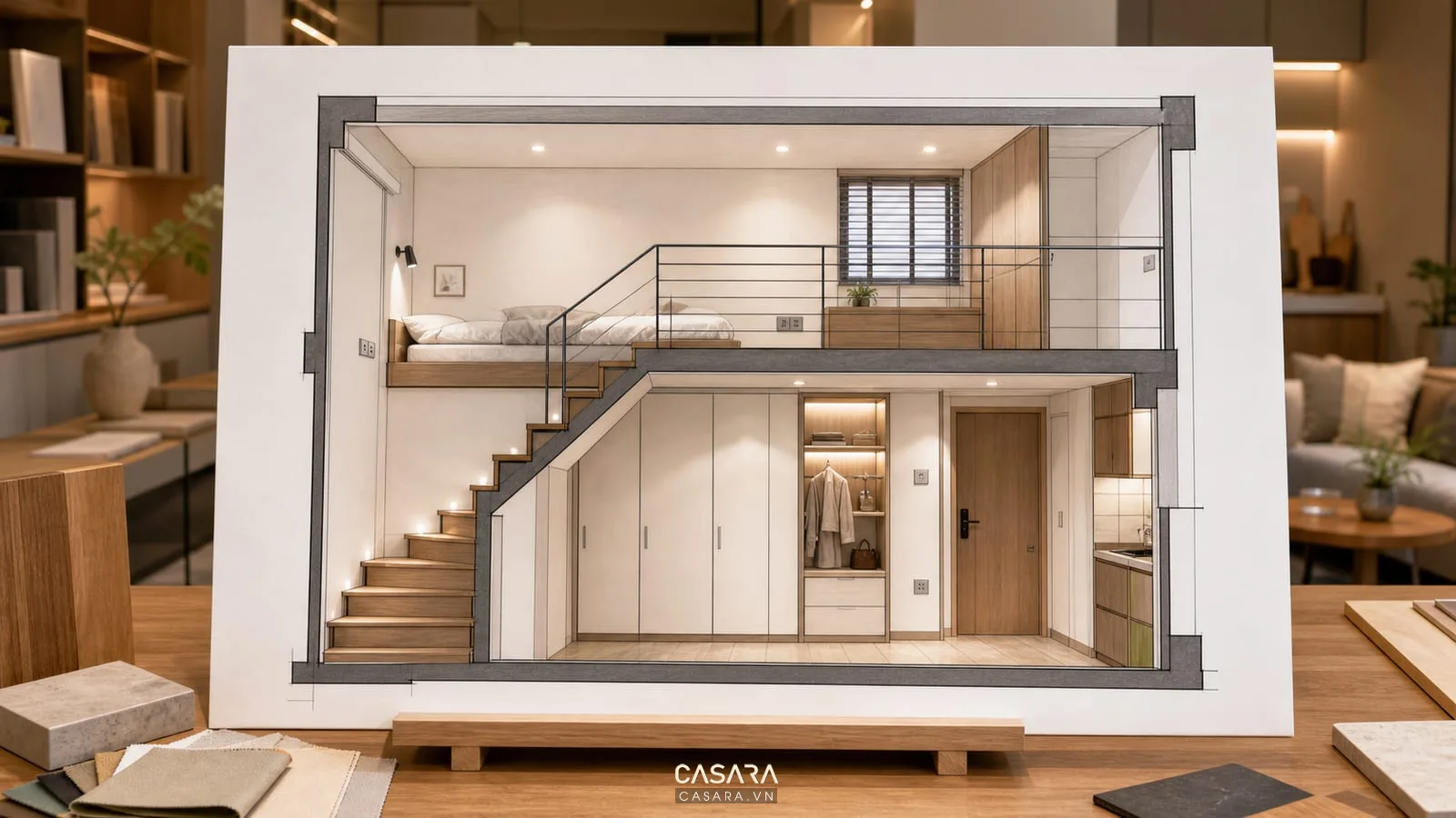 Bản vẽ mặt cắt thiết kế gác lửng cho căn hộ chung cư với cầu thang tủ và khu ngủ