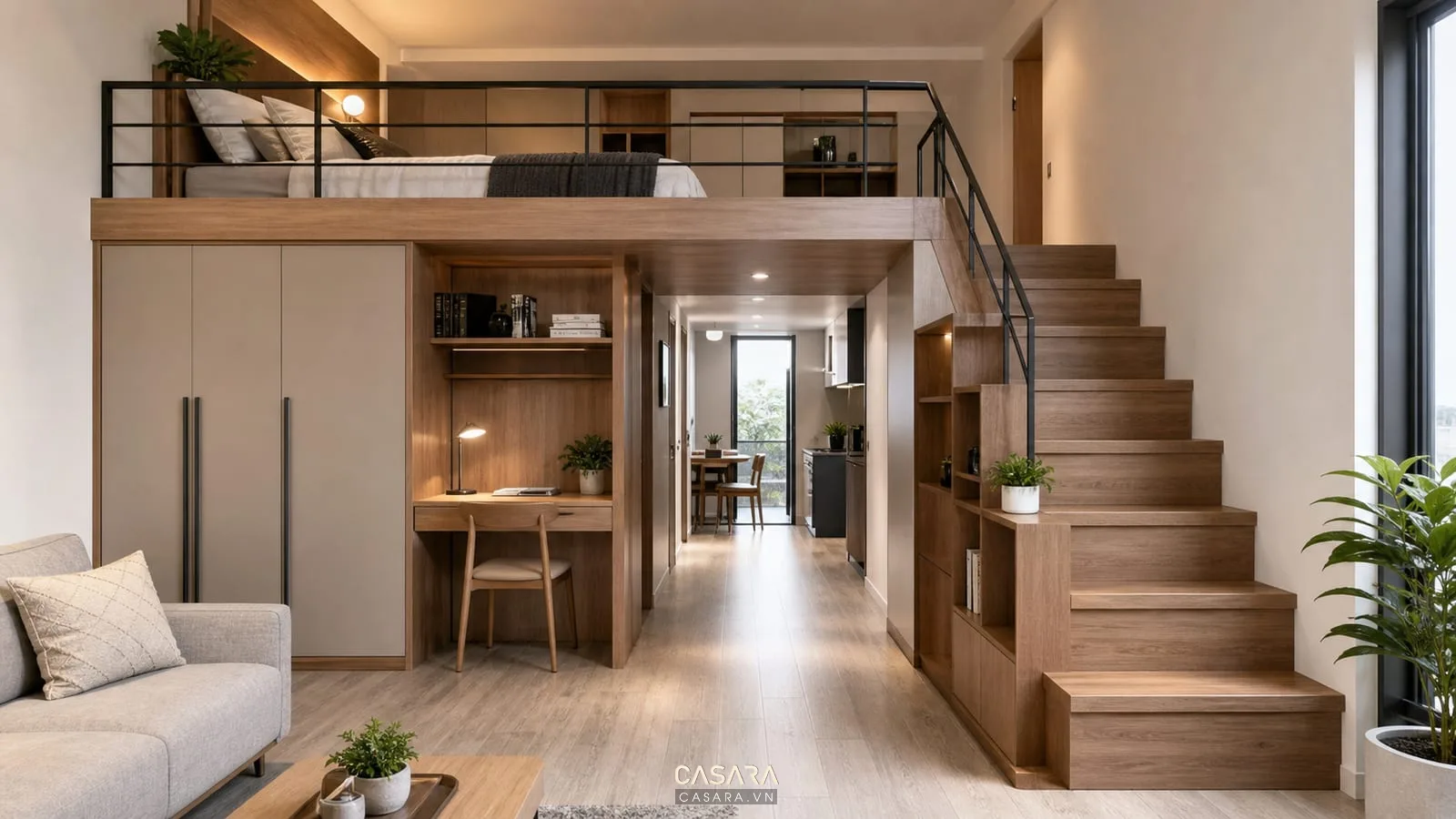 Thiết kế gác xép cho chung cư với giường gác, tủ quần áo dưới gác và bàn làm việc nhỏ