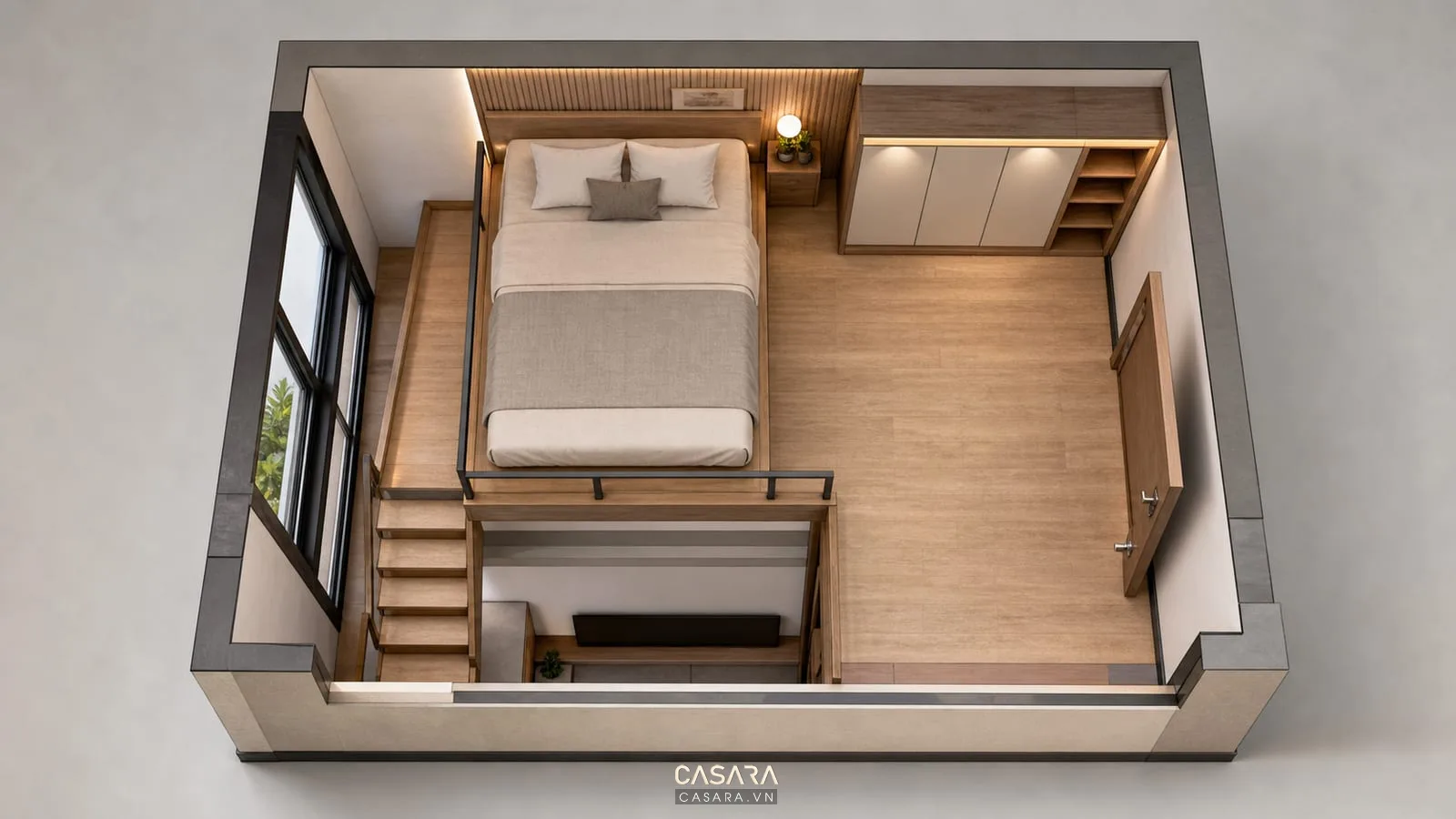 Bản vẽ thiết kế gác xép cho chung cư với giường gác, cầu thang, tủ áo và lối đi phòng ngủ