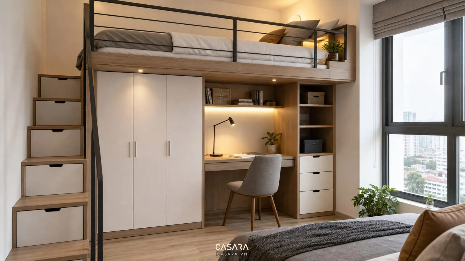 Gác xép chung cư với hệ tủ quần áo, bàn làm việc dưới gác và ngăn kéo cầu thang