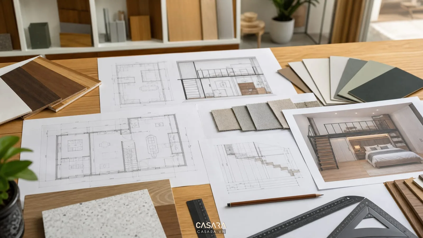 Hồ sơ thiết kế gác xép cho chung cư với bản vẽ mặt bằng, chi tiết cầu thang và mẫu vật liệu