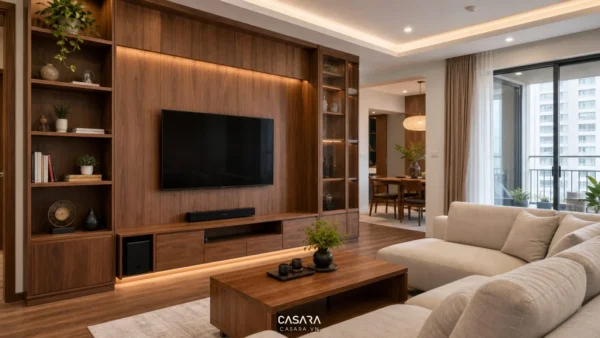 Phòng khách hiện đại với thiết kế gỗ nội thất và vách tivi gỗ veneer