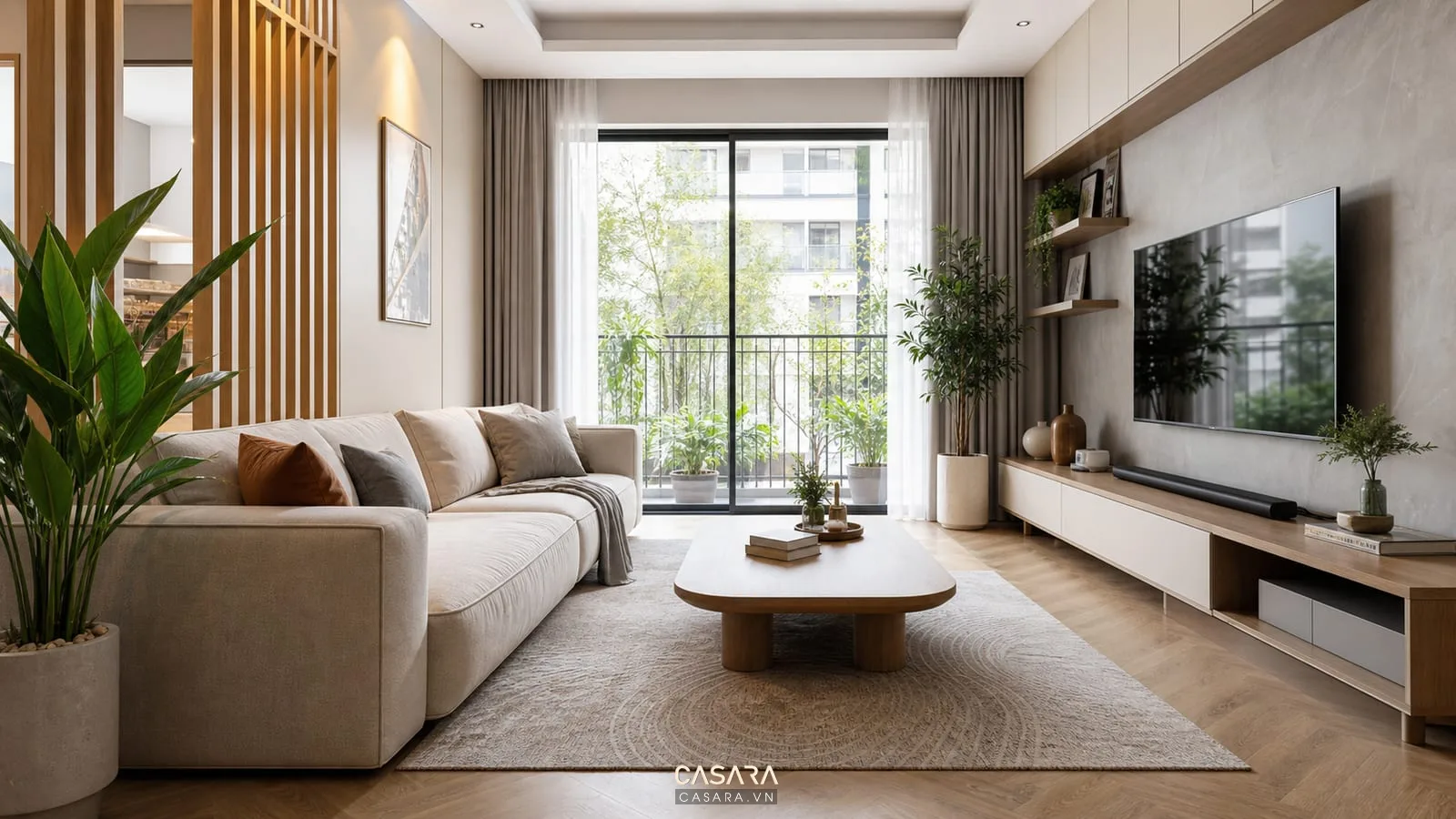 phòng khách gia đình đẹp với sofa bàn trà bo góc và tủ lưu trữ kín