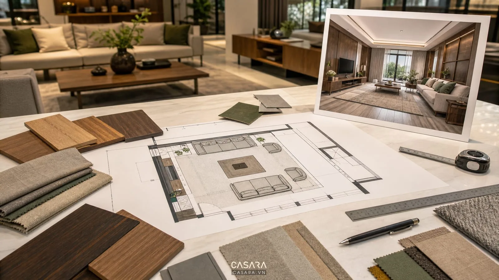 Bản thiết kế phòng khách với mẫu vật liệu gỗ đá vải sofa và bảng màu nội thất