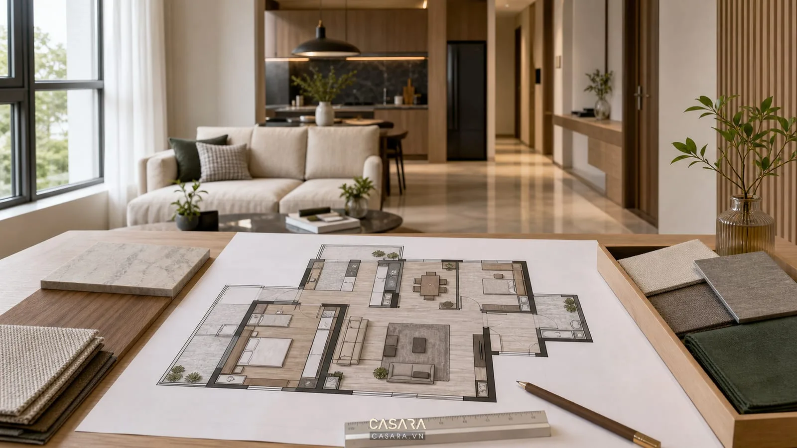 Bản vẽ thiết kế kiến trúc nội thất căn hộ trên bàn với phòng khách, bếp, cửa sổ, ánh sáng và lối đi rõ ràng.
