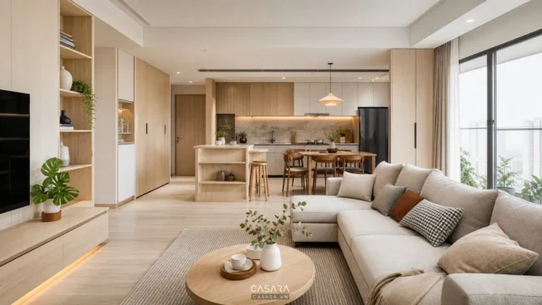 thiết kế lại căn hộ chung cư với phòng khách bếp mở và hệ tủ âm tường