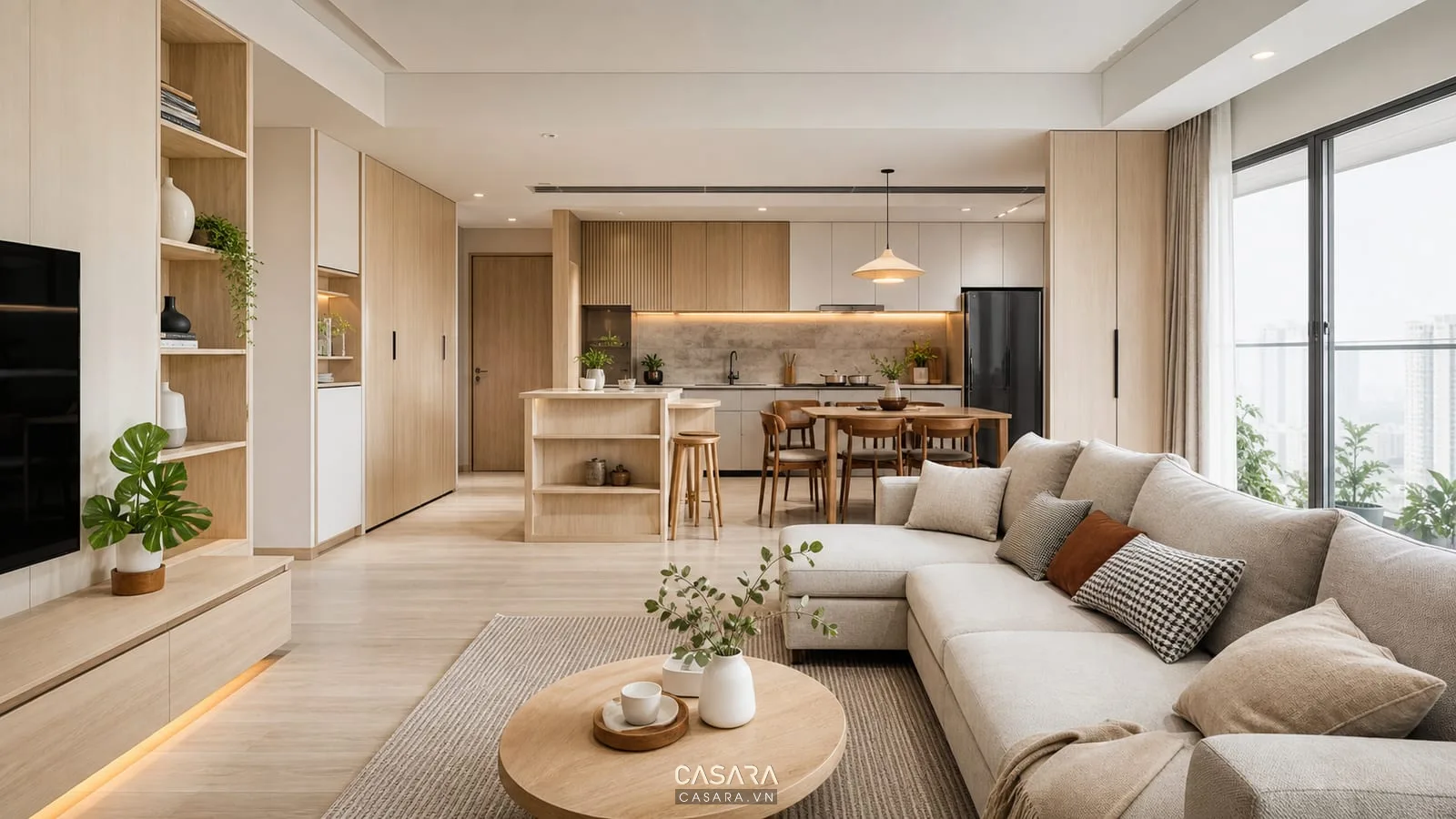 thiết kế lại căn hộ chung cư với phòng khách bếp mở và hệ tủ âm tường