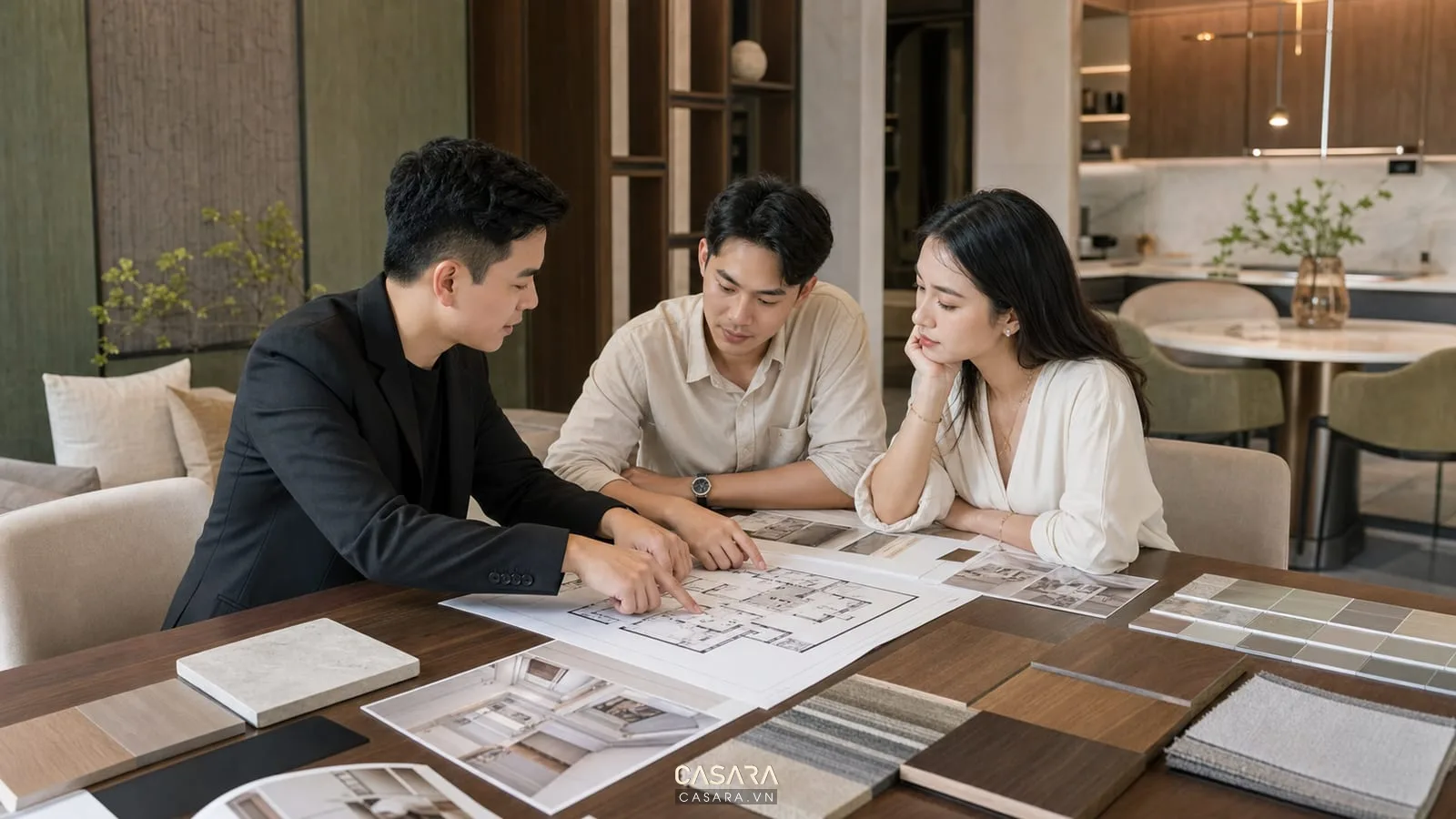 tư vấn thiết kế lại căn hộ chung cư với bản vẽ và mẫu vật liệu