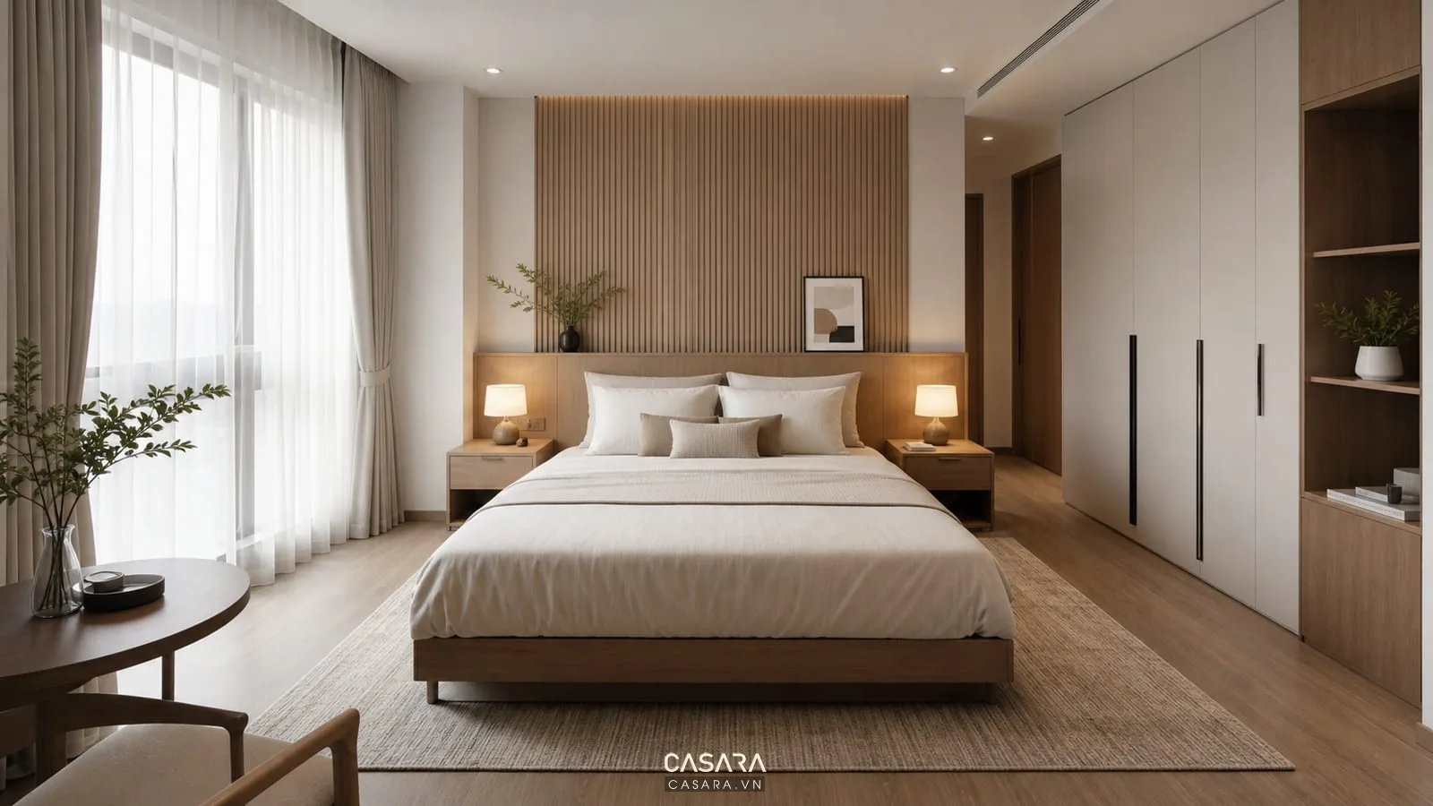 giường ngủ chung cư với lối đi hai bên và đầu giường gọn