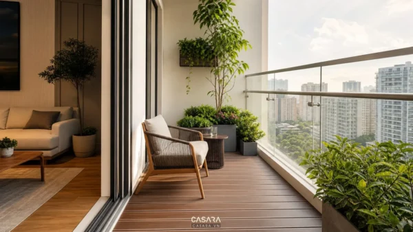 Lô gia chung cư hiện đại có sàn gỗ, ghế thư giãn và nhiều cây xanh
