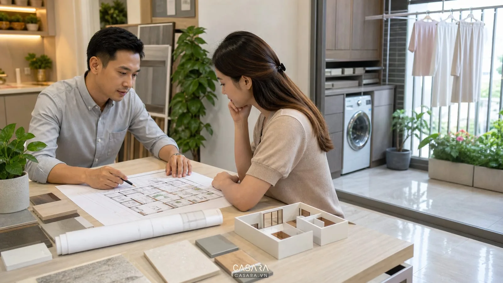 kiến trúc sư tư vấn thiết kế logia chung cư với bản vẽ, mẫu vật liệu và khu giặt phơi