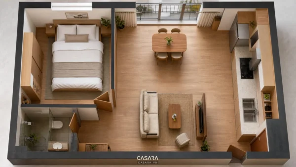 Mặt bằng thiết kế nhà 50m2 1 phòng ngủ có phòng khách bếp mở và một phòng ngủ gọn