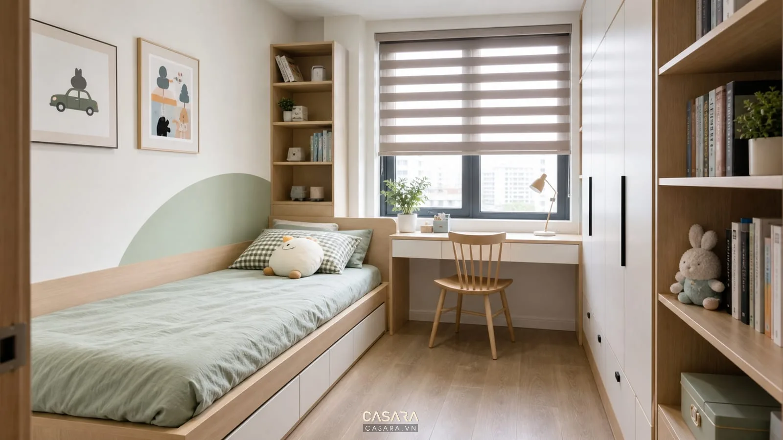 Phòng ngủ nhỏ cho trẻ trong nhà 50m2 có bàn học cạnh cửa sổ và tủ áo nhỏ