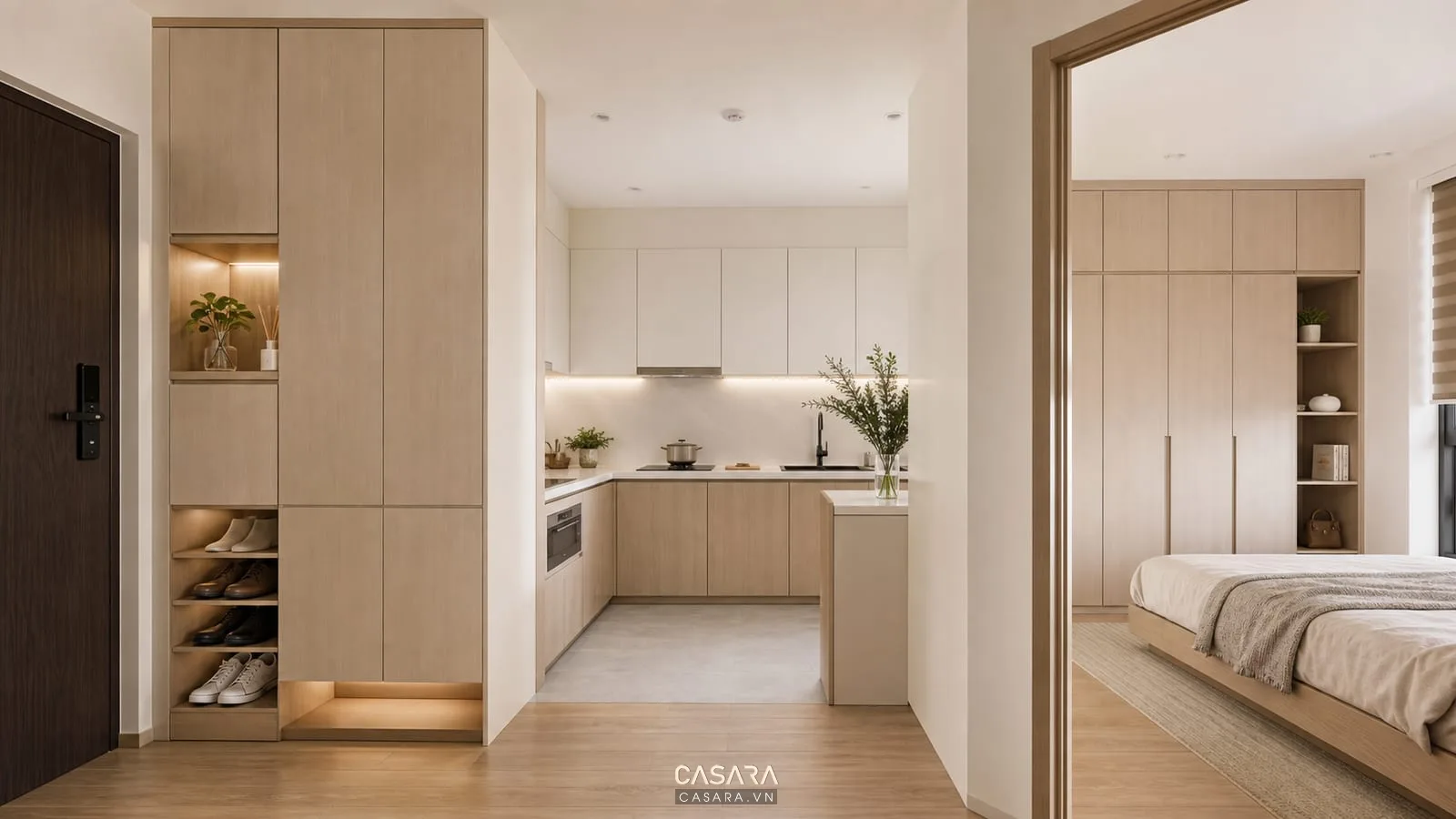 Hệ tủ nhà 50m2 gồm tủ giày tủ bếp và tủ áo cánh phẳng màu sáng