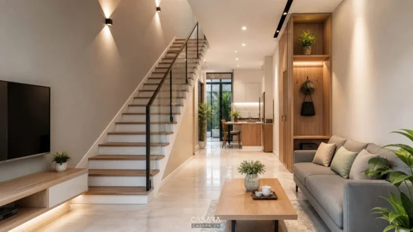 Thiết kế cầu thang trong nhà ở tầng một với phòng khách và bếp hiện đại