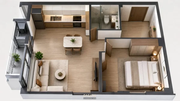 Mặt bằng căn hộ 50m2 gồm phòng khách, bếp, phòng ngủ, nhà vệ sinh và ban công