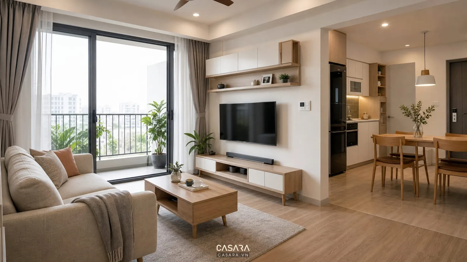 Phòng khách căn hộ chung cư 50m2 liên thông bếp và bàn ăn