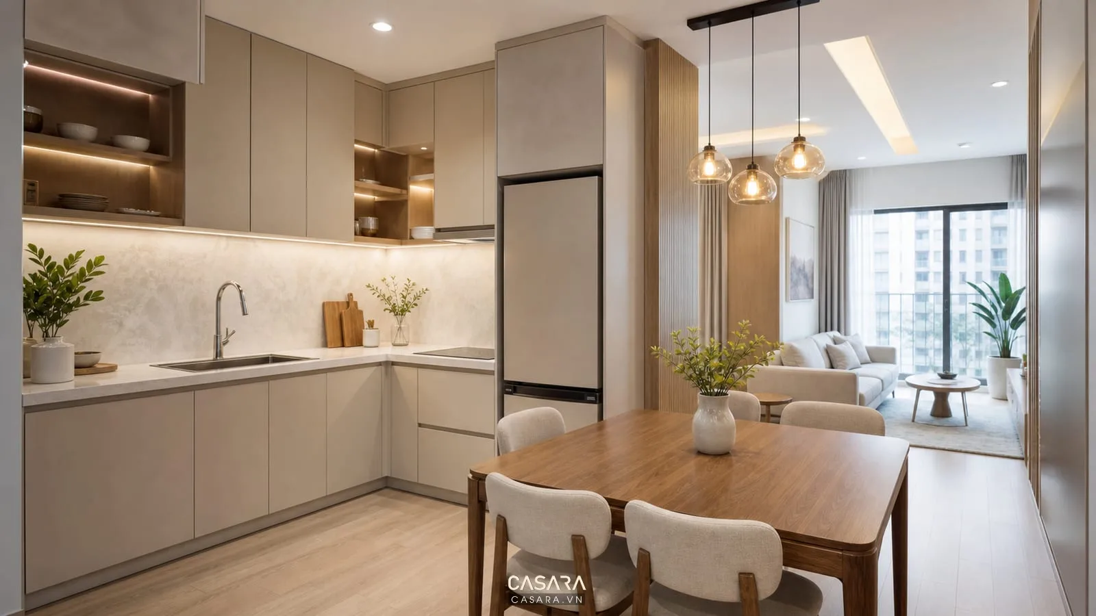 Bếp chữ L trong thiết kế chung cư 50m2 hiện đại