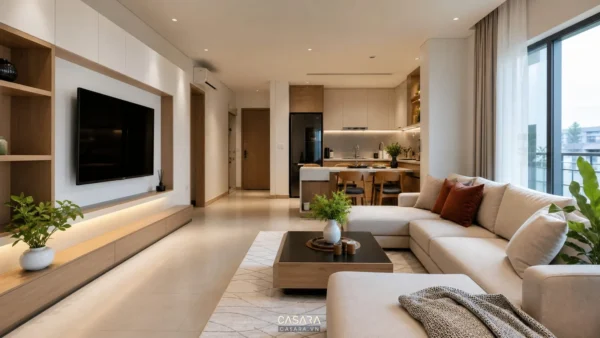 Phòng khách chung cư 60m2 với sofa sáng màu, bàn trà và bếp mở