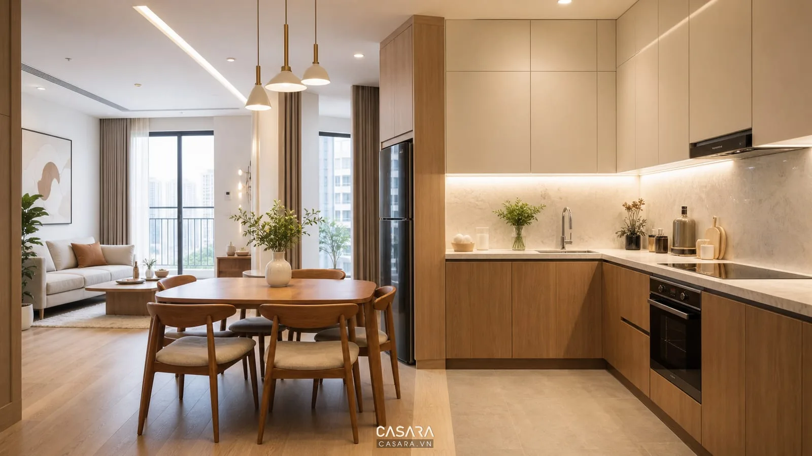 bếp chung cư 60m2 với tủ bếp chữ L và bàn ăn nhỏ hiện đại
