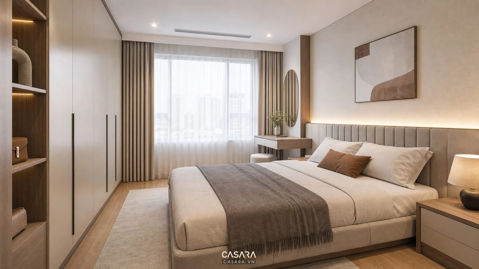 phòng ngủ chung cư 60m2 đẹp với giường, tủ áo âm tường và rèm sáng