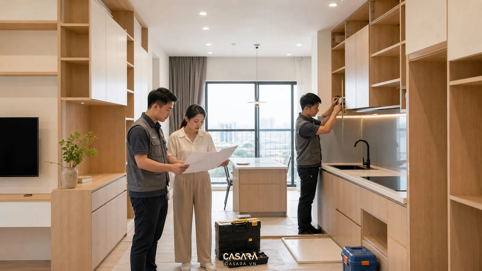 thi công nội thất chung cư 60m2 với bản vẽ tủ bếp và hệ tủ gỗ sáng