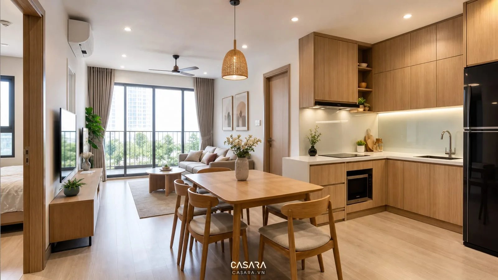 Căn hộ chung cư 70m2 2 phòng ngủ với bếp mở và bàn ăn gọn