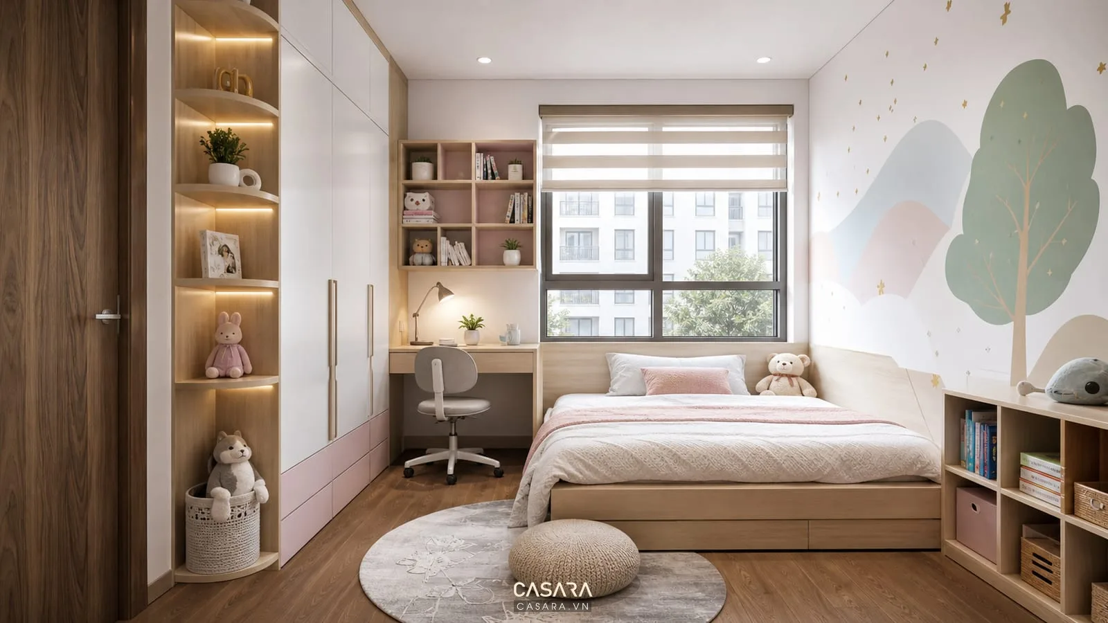 Phòng ngủ thứ hai trong căn hộ 70m2 với giường đơn bàn học và tủ áo