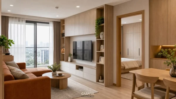 Phòng khách căn hộ 70m2 với sofa nâu, kệ tivi âm tường và hệ tủ gỗ sáng