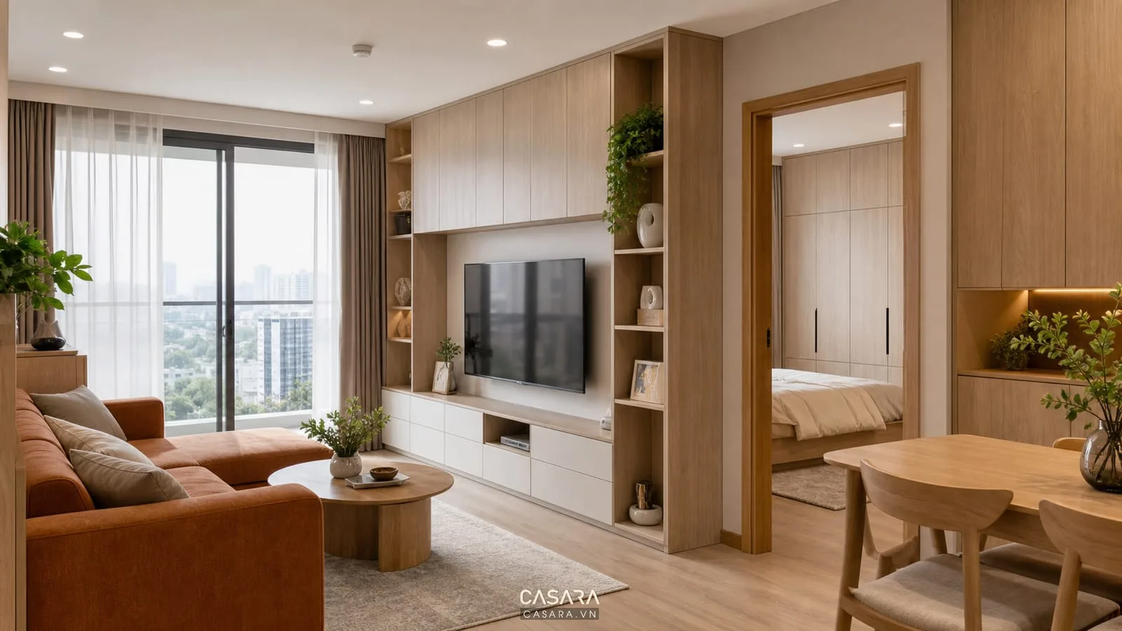 Nội thất căn hộ chung cư 70m2 2 phòng ngủ với hệ tủ đồng bộ và màu gỗ sáng