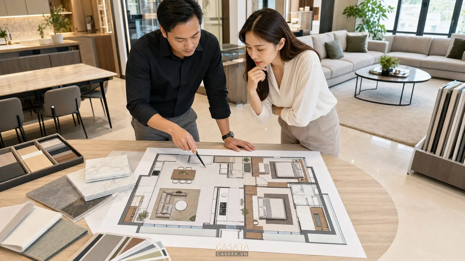 mẫu báo giá thiết kế nội thất với bảng vật liệu và bản vẽ nhà phố trên bàn tư vấn