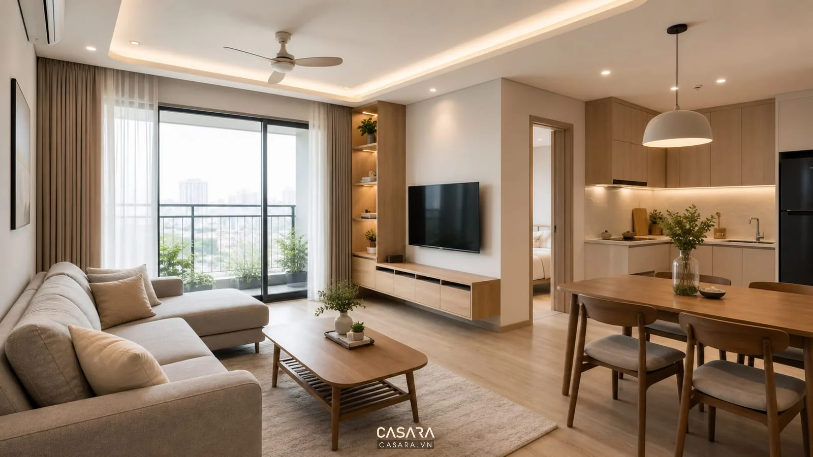 thiết kế căn hộ 2 phòng ngủ có tủ âm tường và kệ tivi treo gọn