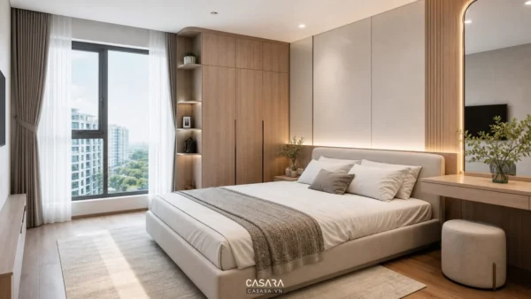 Phòng ngủ chung cư hiện đại có giường đôi, tủ quần áo gỗ và cửa sổ lớn