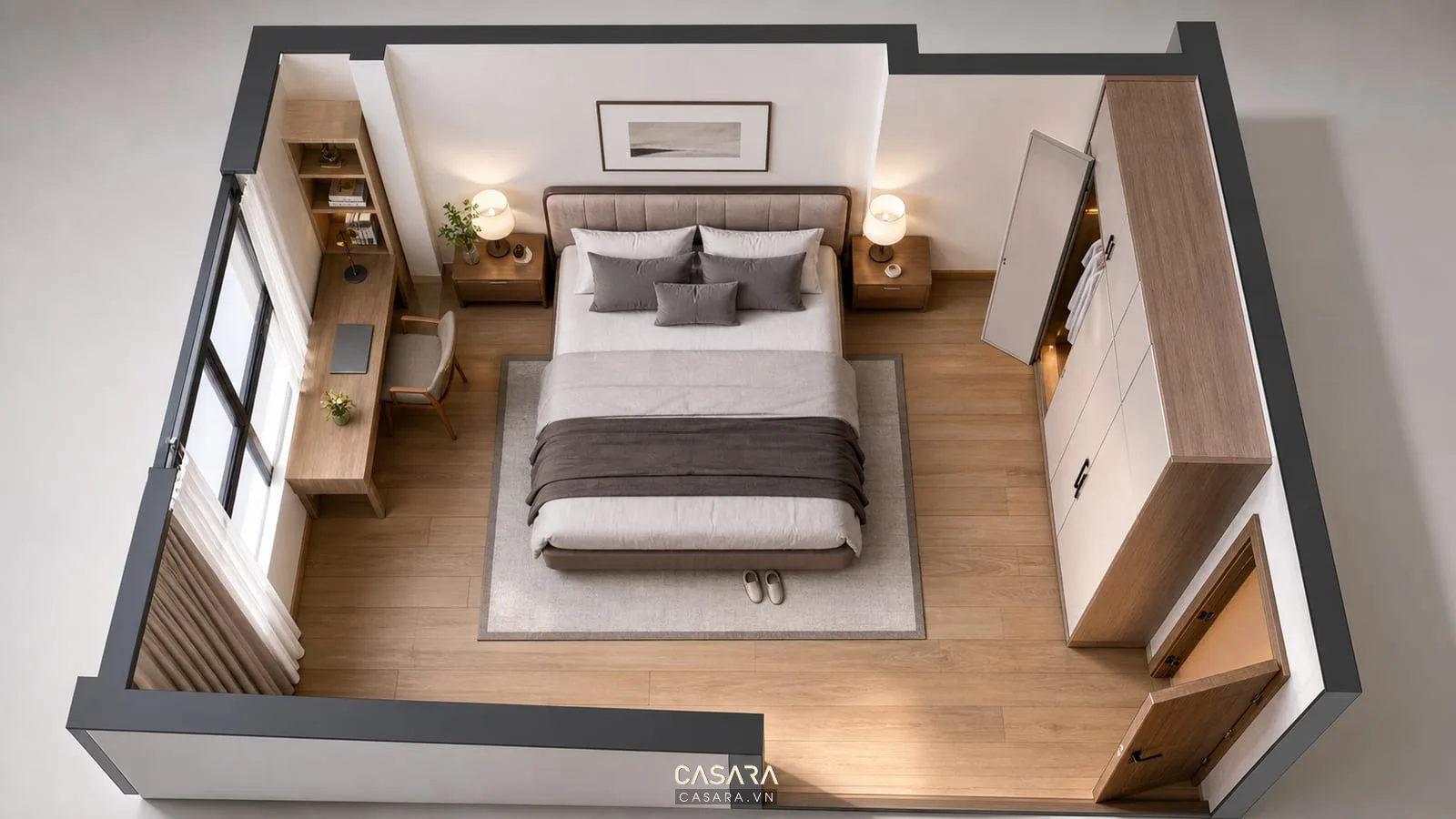 Mặt bằng thiết kế phòng ngủ chung cư với giường đôi tủ quần áo bàn làm việc và lối đi rõ ràng